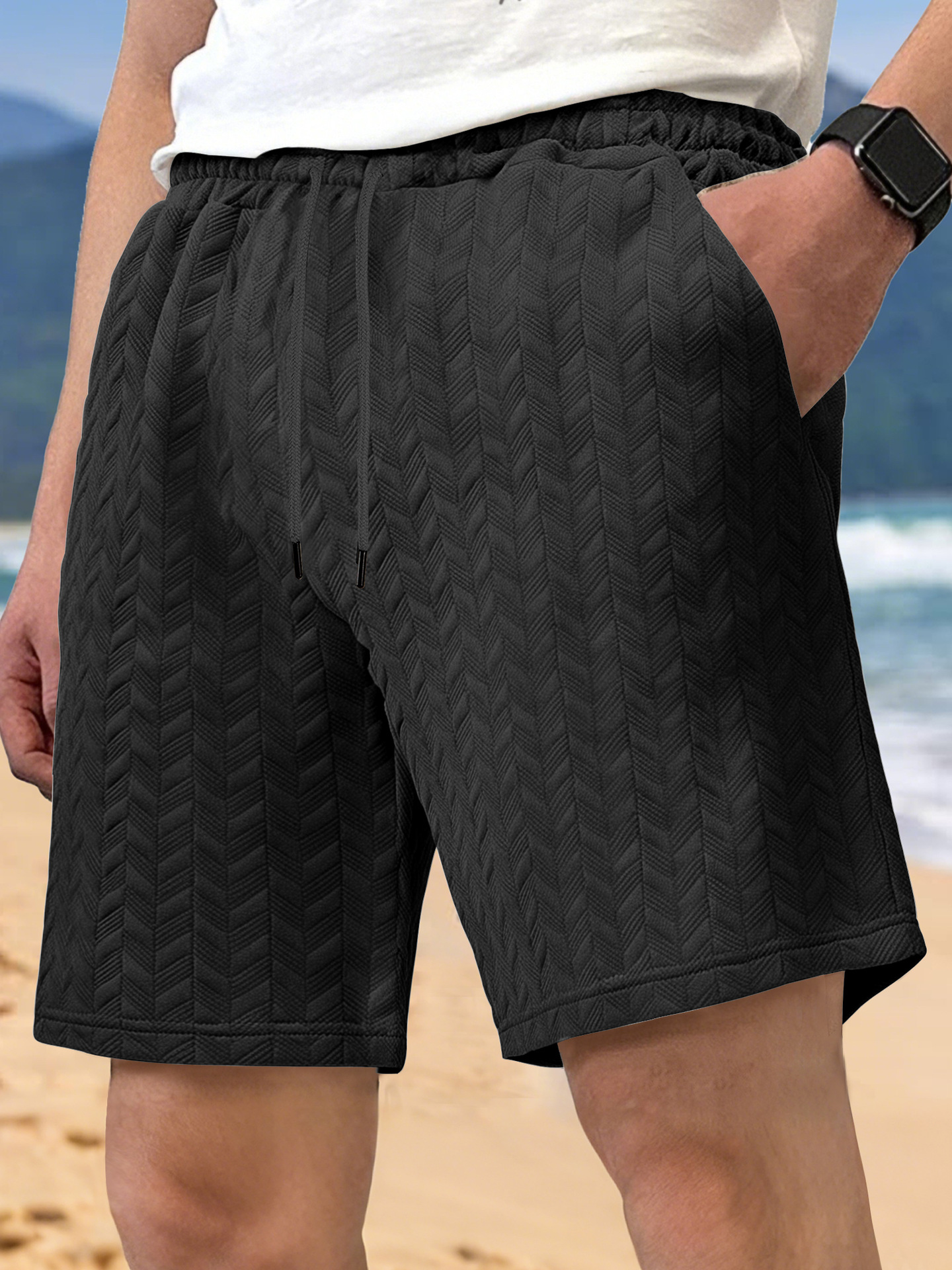 Europa y Estados Unidos ropa de hombre transfronteriza spot verano suelta pantalones cortos de color sólido jacquard correa de hombre casual pantalones cortos de playa