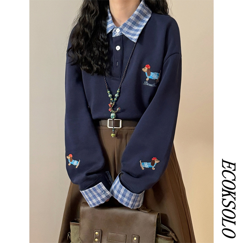 ECOKSOLO美式复古小狗刺绣撞色拼接格子假两件学院风polo领卫衣女|undefined