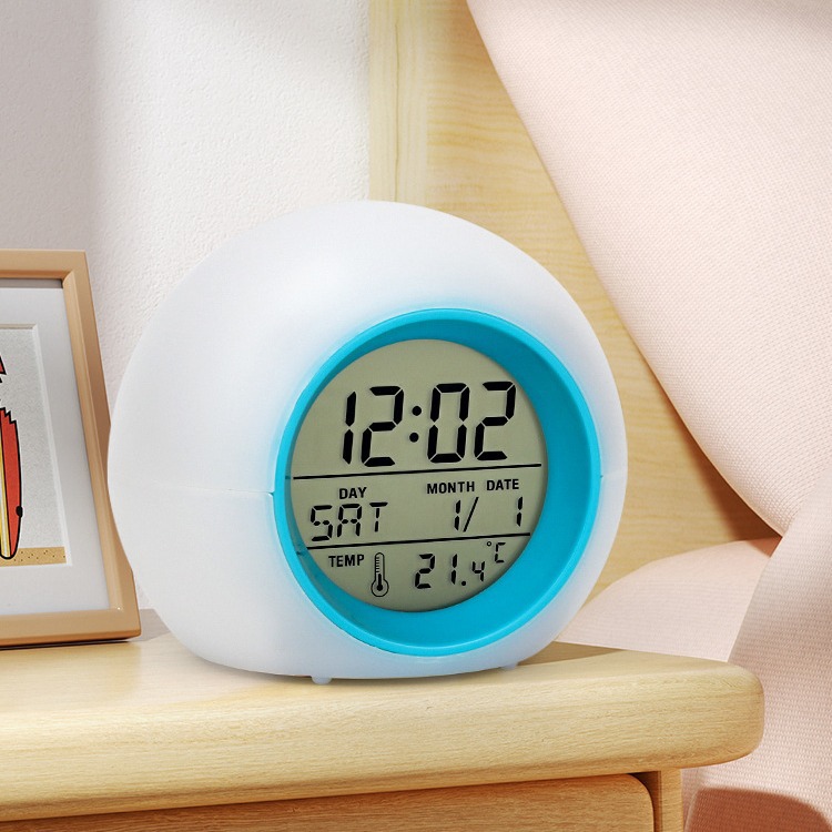 Transfronterizo creativo LED colorido cambio de color redondo reloj estudiante niños mudo snooze con temperatura electrónica despertador reloj luminoso