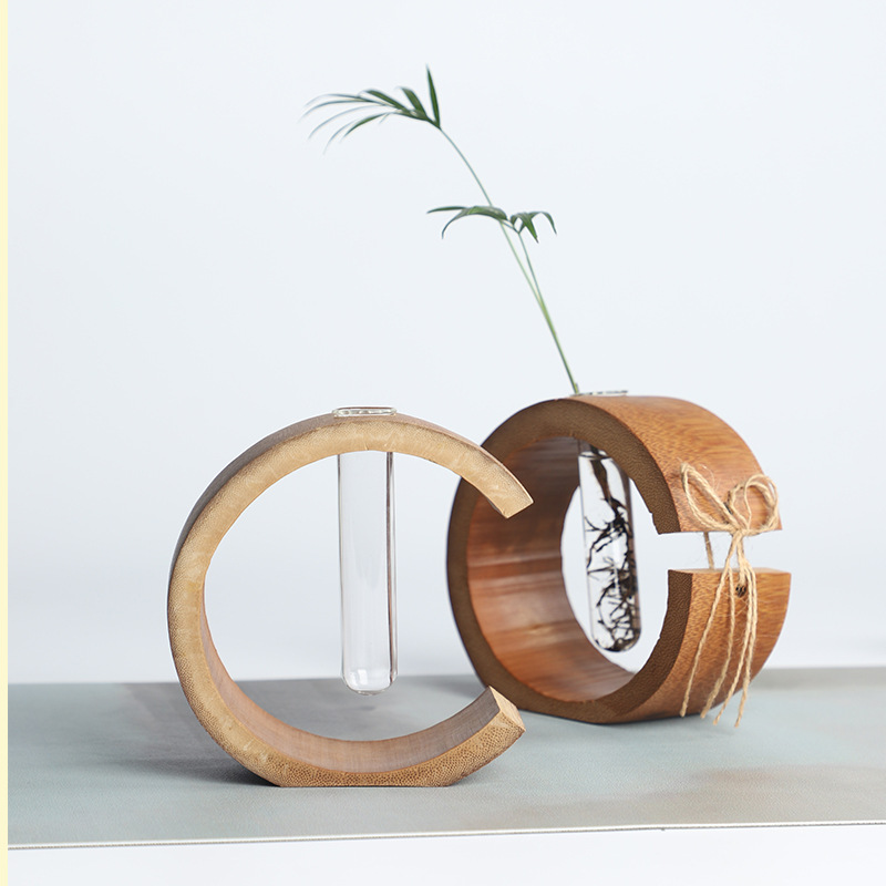 Creative Bamboo Hydroponic Small Vase New Chinese Style Retro Mini Flower Vessel Zen Tea Ceremony Desktop Ornaments Flower Arrangement