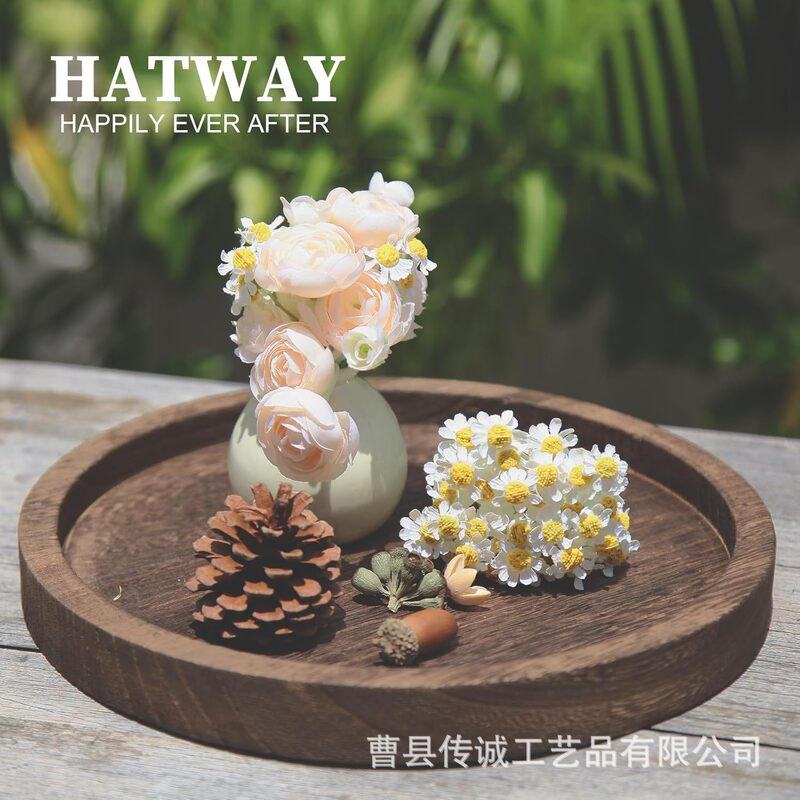 Cross Border Wooden Decorative Tray Farmhouse Candlestick Antique Tray Living Room Wooden Vintage Coffee Tray Solid Wood Disc