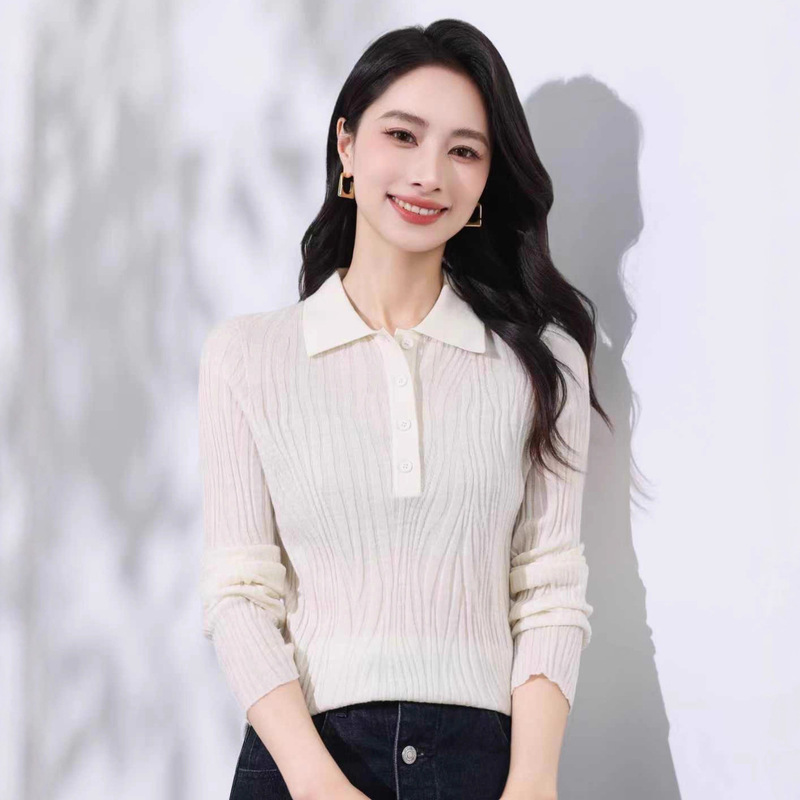 48-Count Yangtze Machine Washable Seamless Fine-Spun Autumn and Winter 100% Sheep Wool Polo Collar Water Ripple Elegant Knitted Base Layer