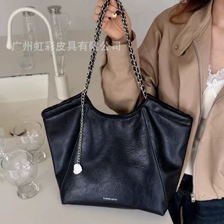 2025新款时尚通勤黑色皮质托特包女链条单肩大容量通勤百搭流浪包
