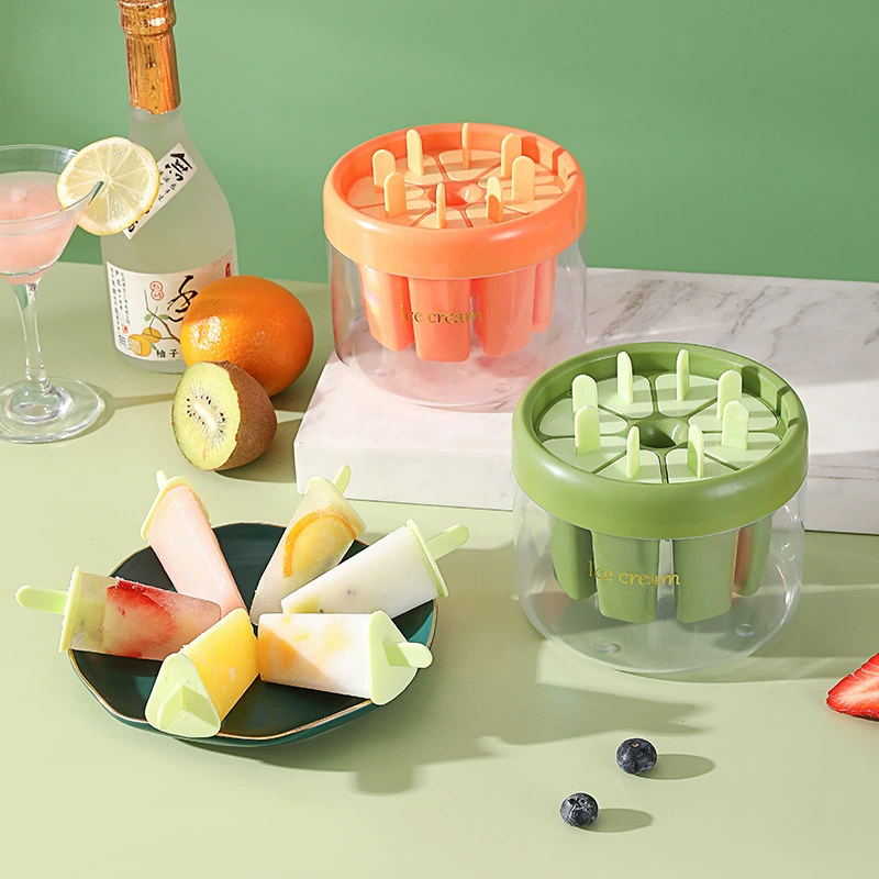 Popsicle Mold (8) — Food-Grade Silicone Popsicle Maker with Lid, Auto-Release, green/orange