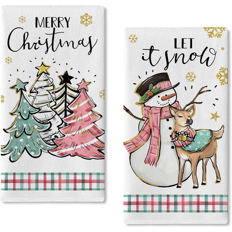 Christmas tree kitchen dish towel pink Christmas Snowman deer hand towel drying baking cooking cloth home kitchen decoration