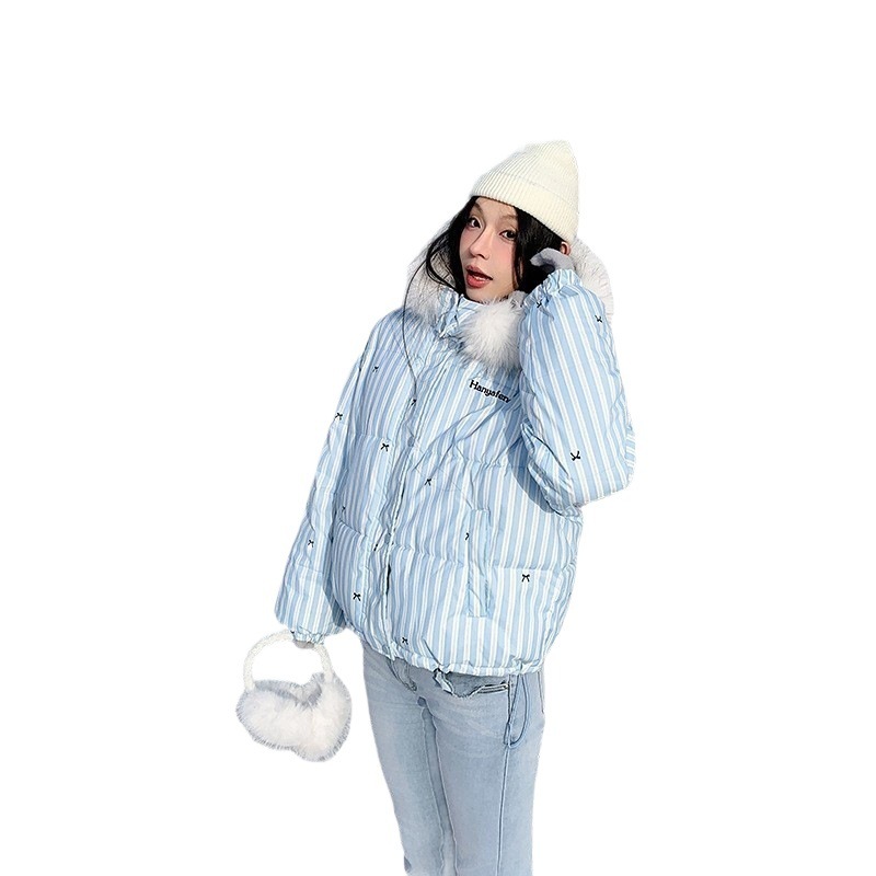 条纹印花加厚保暖棉服外套女2025春季新款韩系甜美毛毛翻领棉衣潮|undefined