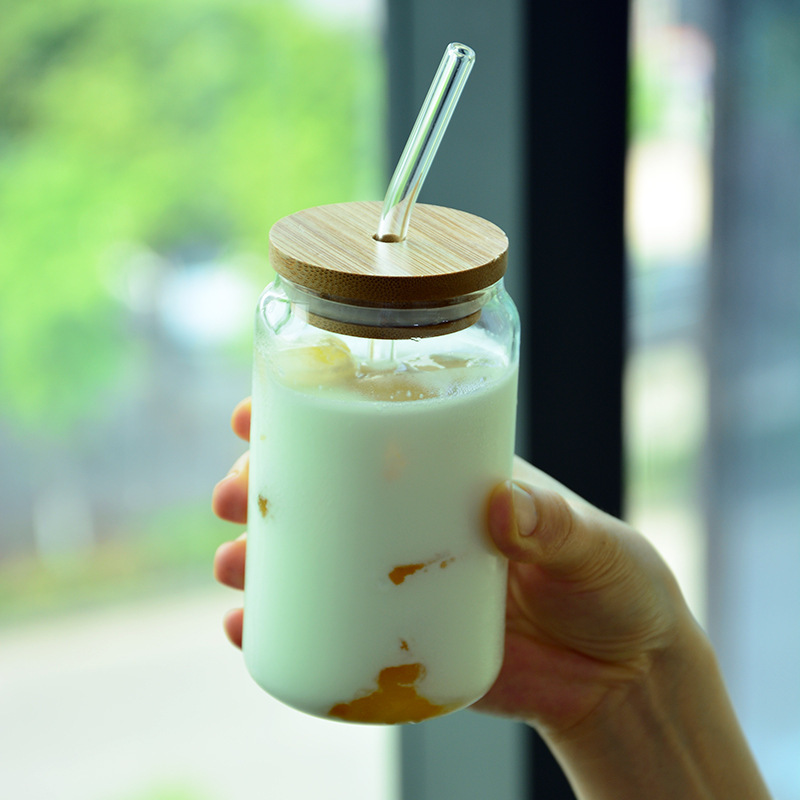 Vaso de vidrio de borosilicato alto con tapa de bambú, vaso transparente con pajita, vaso para bebidas y jugos resistente a altas temperaturas, gran capacidad