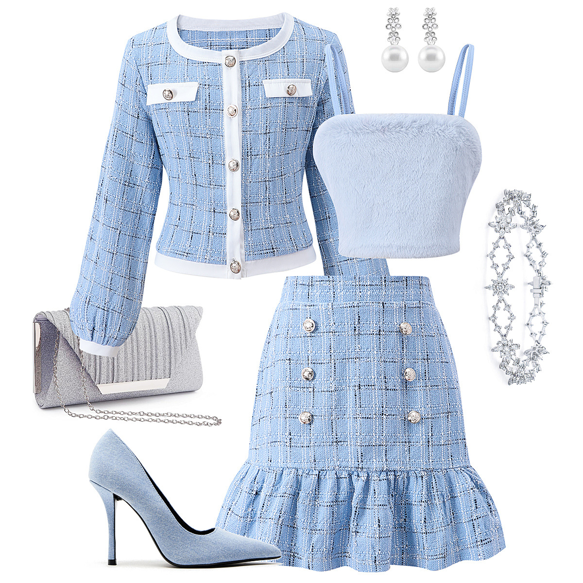 欧美女童套装开衫粗花呢荷叶边半身裙吊带三件套春季新款休闲百搭