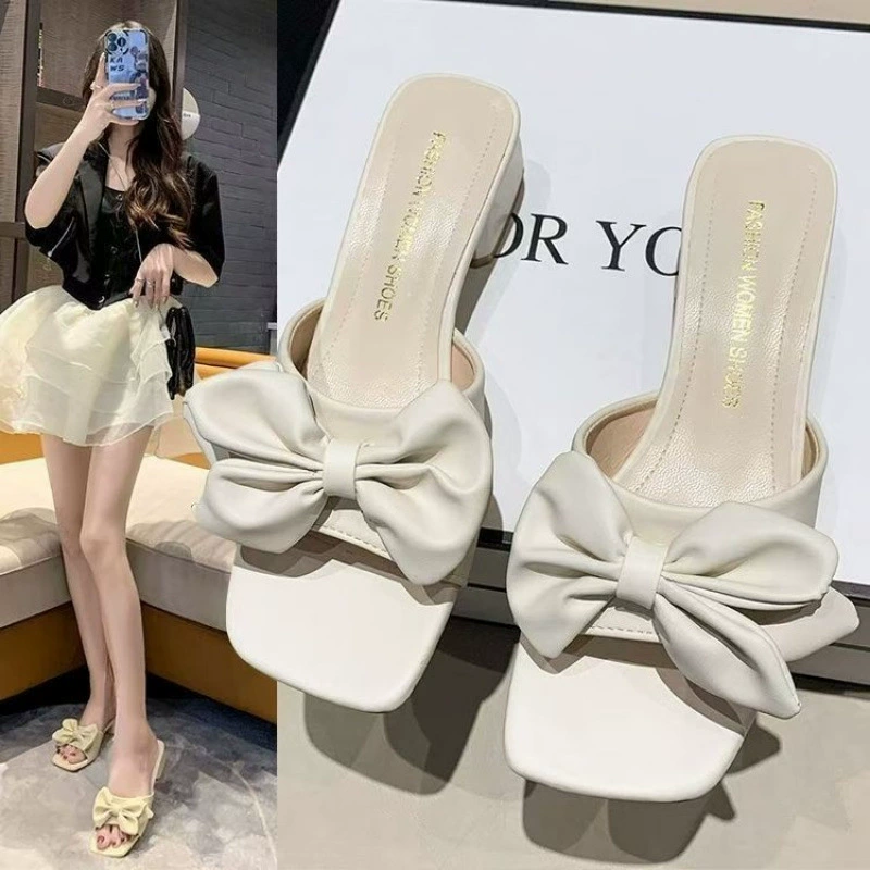 2025 твидовые стильные женские тапочки для улицы, модные сандалии с бантом, интернет-хиты, нескользящие плоские тапочки