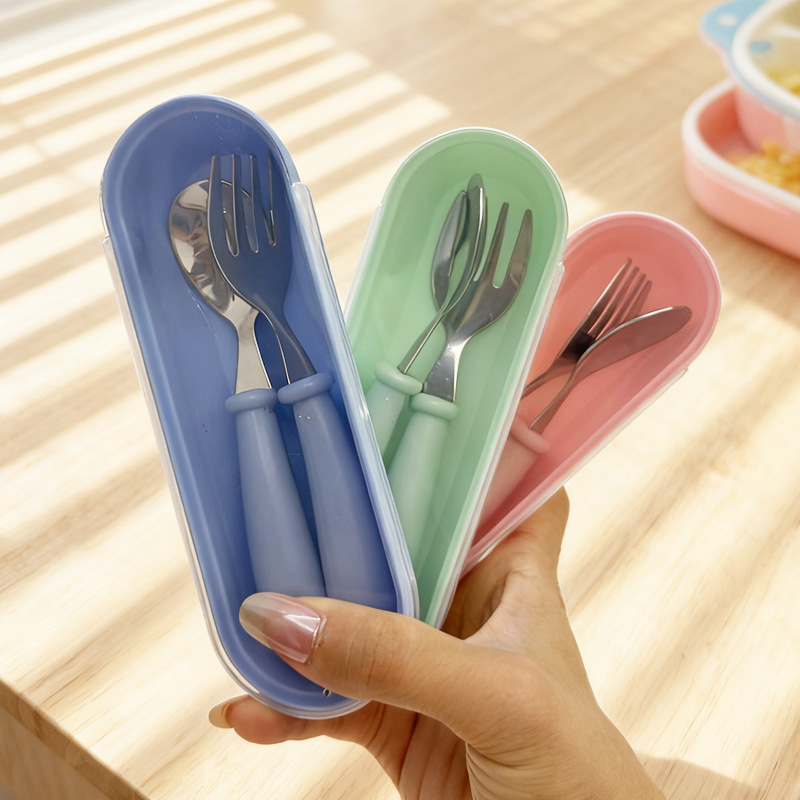 304 cubiertos de acero inoxidable para niños cucharas y tenedores bebés aprendiendo entrenamiento conjunto de almacenamiento portátil lindo viento caja de regalo