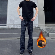 美式cleanfit穿搭弯刀格子裤男秋冬季加绒速干休闲裤直筒平脚裤