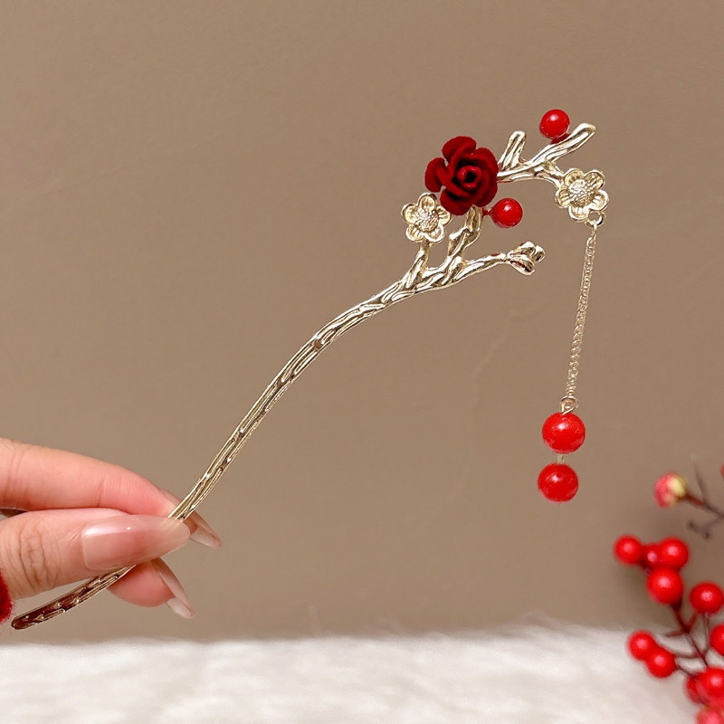 Nueva horquilla de flores de estilo antiguo chino, horquilla de sentido avanzado moderno, horquilla de cabello femenino, horquilla de Hanfu, tocado de horquilla de madera