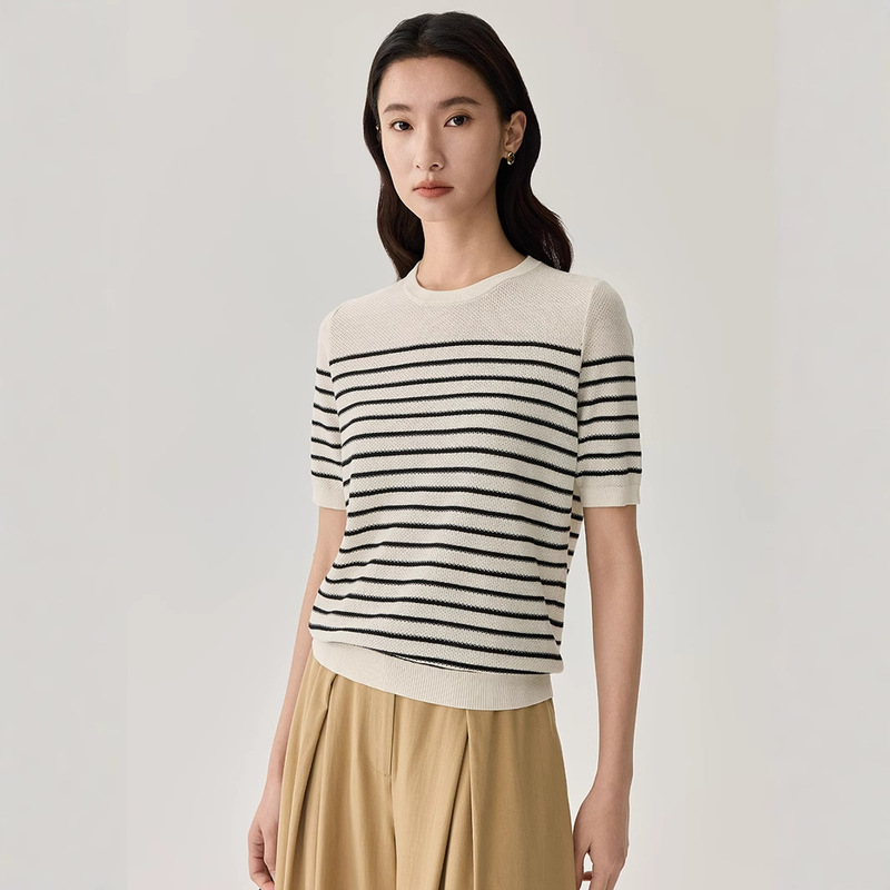 Carefully Selected Summer Mulberry Silk Black and White Contrast Stripesd Knitted Short-Sleeved Round Neck Casual Fashion Short-Sleeved T-Shirt Top