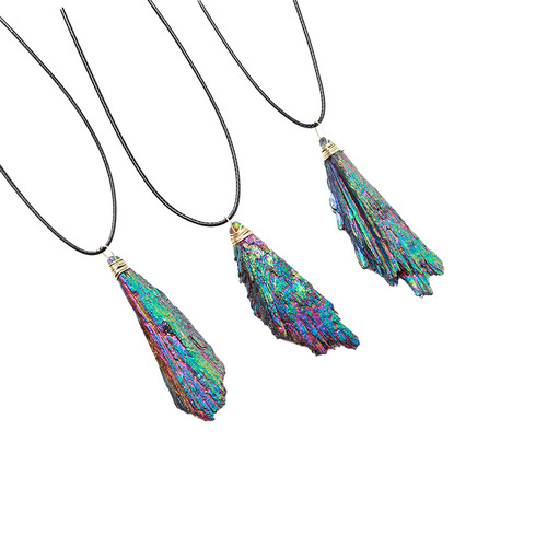 Wholesale natural black tourmaline tourmaline electroplated blue peacock feather pendant colorful crystal cluster jewelry free chain