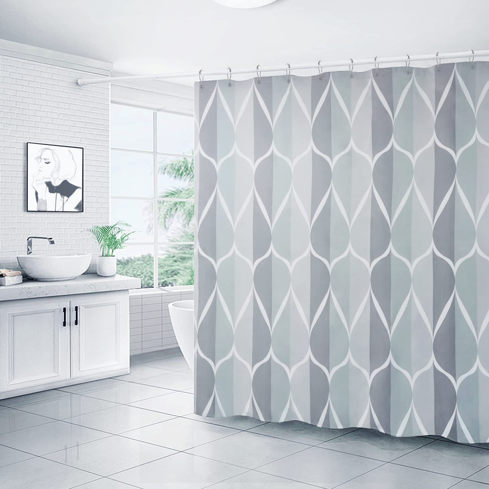 Waterdrop-pattern Digital-printed Thickened Waterproof Bathroom/shower Curtain, Polyester Bath Screen Divider For Hotels_voghion.com