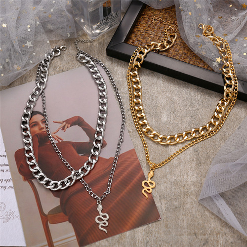 Europe and the United States punk exaggerated chain, double snake chain pendant necklace clavicle ins personality fashion street snap men&apos;s and women&apos;s accessories