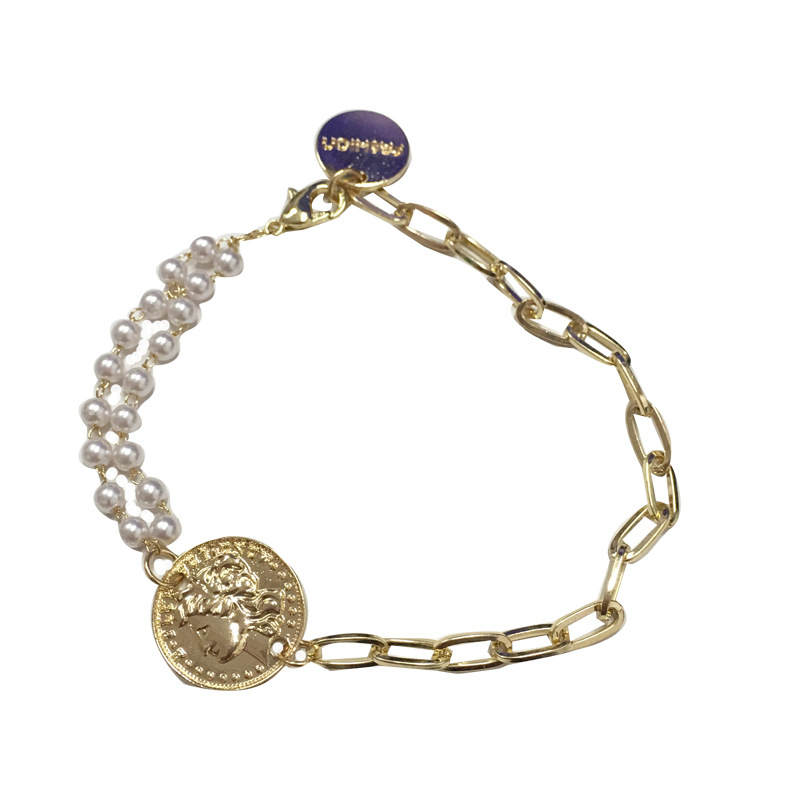 retro metal imitation pearl person head round brand bracelet necklace elegant braceletpicture11