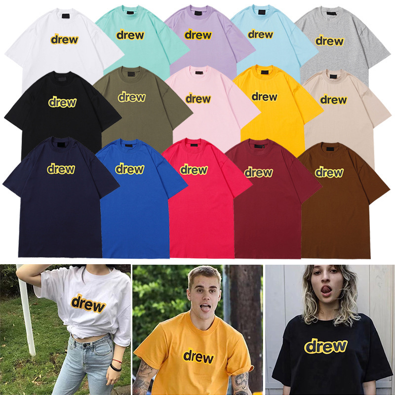Drew Cosmic Smiling Face Classic Letter Short-Sleeved Trendy High Street Brand Unisex Couple Pure Cotton Simple Versatile T-Shirt Drew Cosmic Smiling Face Classic Letter Short-Sleeved Trendy High Street Brand Unisex Couple Pure Cotton Simple Versatile T-Shirt