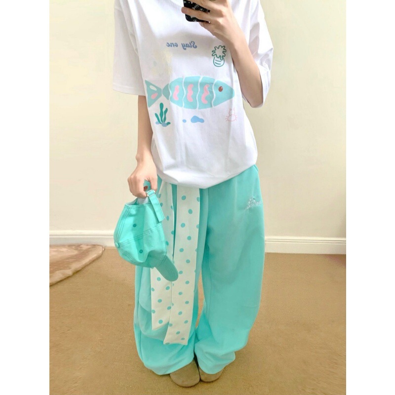 Japanese-style fresh mint green polka dot short-sleeve wide-leg pants two-piece set for summer, unisex loose casual sports outfit Japanese-style fresh mint green polka dot short-sleeve wide-leg pants two-piece set for summer, unisex loose casual sports outfit
