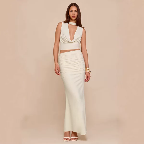 European and American Style Cross-Border Layered Collar Sleeveless Sexy Top with Ruched Fishtail Slim-Fit Internet Celebrity Style Long Skirt Two-Piece Fashion Set