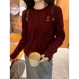 感圆领针织打底衫秋冬新款刺绣毛衣女麻花设计感洋气内搭上衣