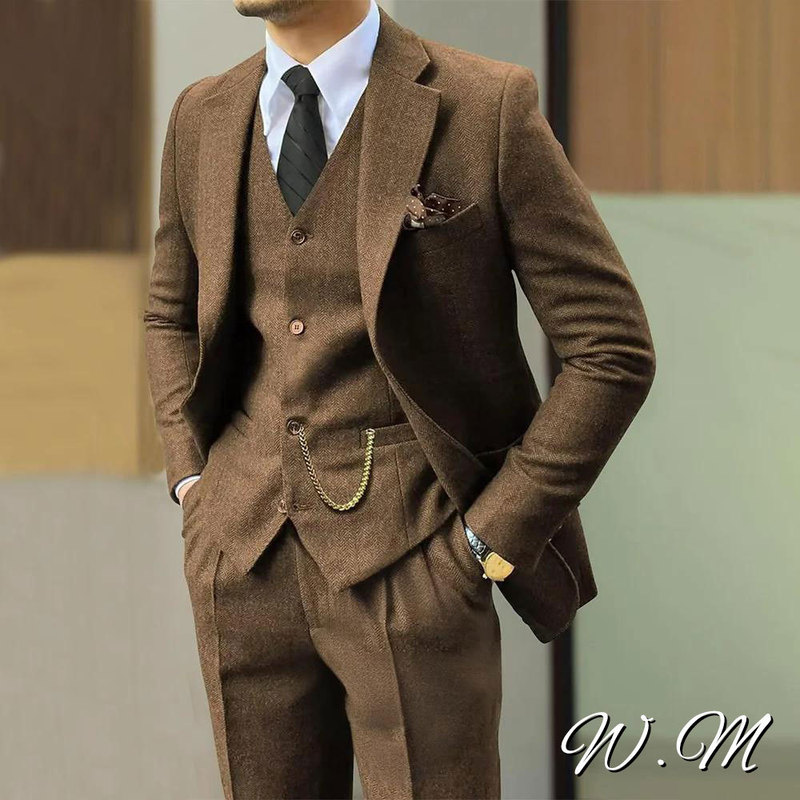 Amazon's New Men's Three-Piece Suit Brown Retro Wedding Groomsman Suit Foreign Trade Cross-Border Suit