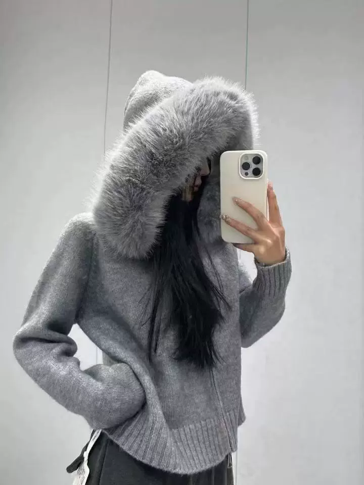 Капюшонный связанный свитер, женский, кардиган-куртка из вязки, отделка искусственным мехом, One Size