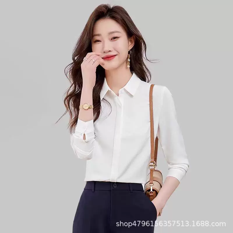高级感缎面白色衬衫女长袖春季通勤衬衣职业气质面试内搭打底上衣
