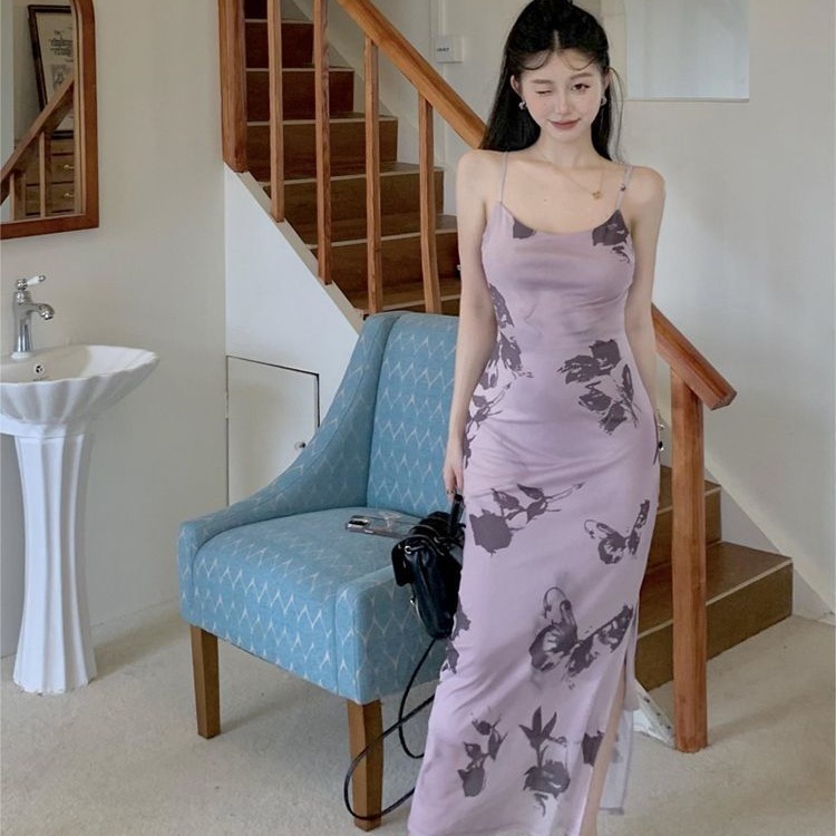 Large size fat mm slim and slim temperament hip-packing short skirt for women in autumn high-end purple floral suspender dress trendy