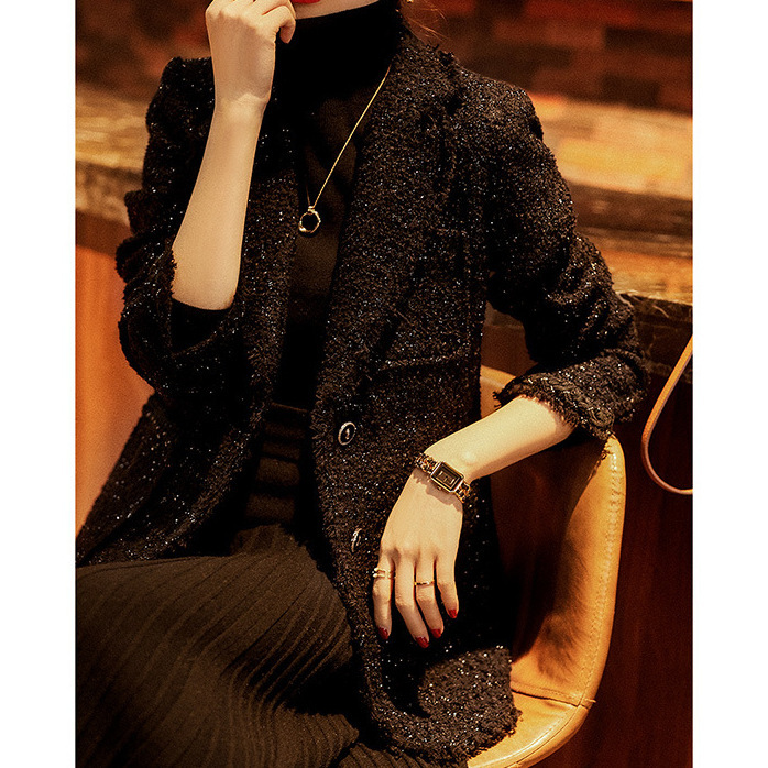 Wool Shiny Silk Tweed Jacket, New Spring and Autumn Style, 2026 Spring Black Short Blazer for Women