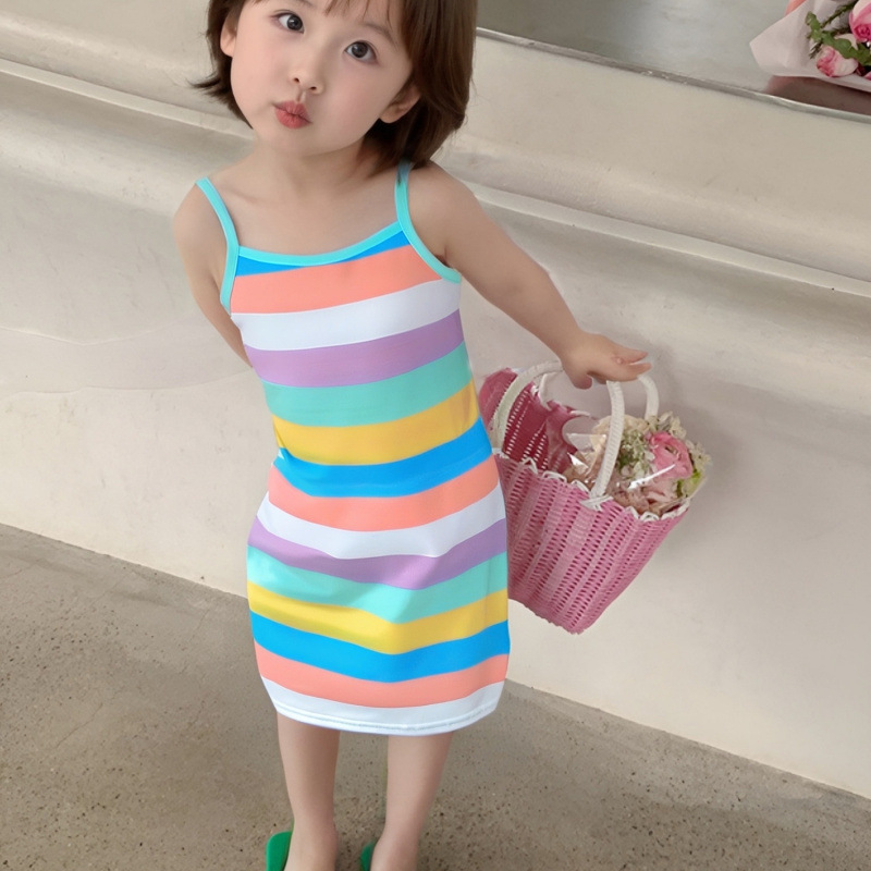 Girls 2025 New Children's Korean Style Children's Clothes Rainbow Striped Skirt T-Shirt Dress Summer Casual Princess Dress