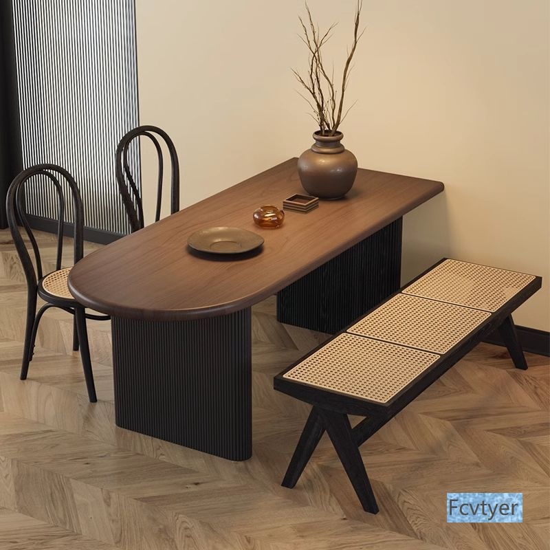 Ji Fei Xiang Arc-Shaped Mid-Century Dining Table for Small Spaces, French Wabi-Sabi Style Island Table, Home Use Semi-Solid Wood Dining Table and Chair Set