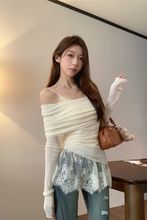 温柔风一字肩长袖针织衫白色带胸垫蕾丝吊带女秋季显瘦上衣两件套