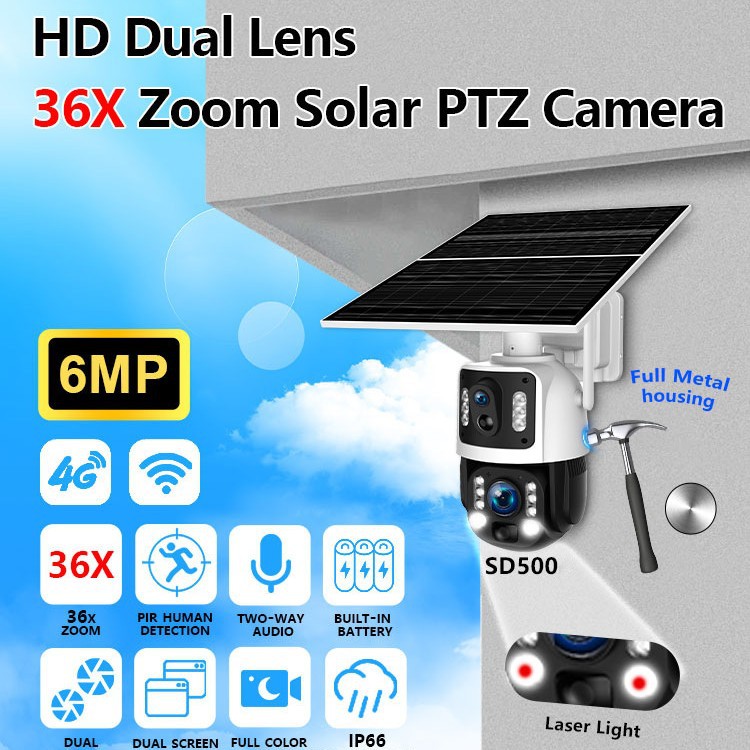 Cross-Border Solar-Powered Surveillance Camera with Dual Lenses, 4g, Smart Pan-Tilt, Outdoor High-Definition Color Night Vision, Remote Control