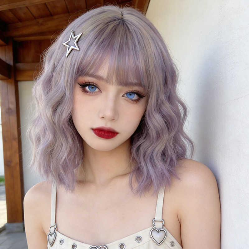 Temu New Ash Blue Short Curly Wig for Women, Gradient Wave Bob Synthetic Hair Wig, Japanese and Korean Cross-Border Wholesale