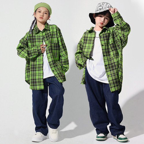 Girls boys green plaid jazz hiphop rapper street jazz dance costumes children girls  tide gogo dancers drummer performance suit children's model show clothing