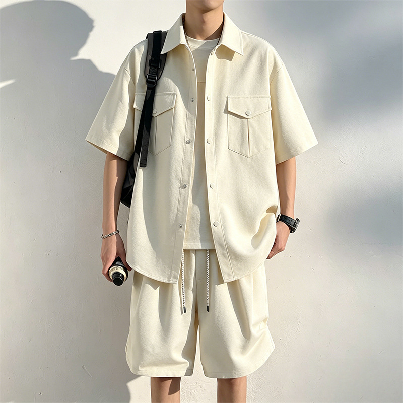 Summer Plus-Size Workwear Set for Men, Loose-Fitting, Trendy, Multi-Pocket Short-Sleeve Shirt and Shorts Two-Piece Set for Teenagers Summer Plus-Size Workwear Set for Men, Loose-Fitting, Trendy, Multi-Pocket Short-Sleeve Shirt and Shorts Two-Piece Set for Teenagers