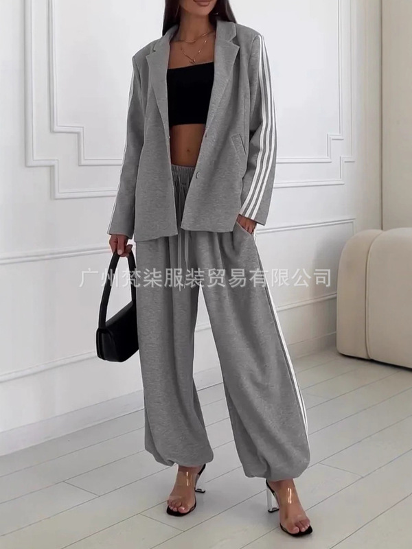 亚马逊2025欧美跨境翻领条纹夹克休闲西服外套阔腿长裤休闲套装女|undefined