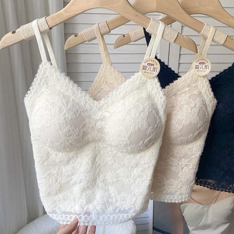 Lace Brushed Fabric Camisole with Chest Pads for Women, Autumn Slim-Fit Base Layer, Beautiful Back Design, Integrated Bra, Sexy Inner Wear