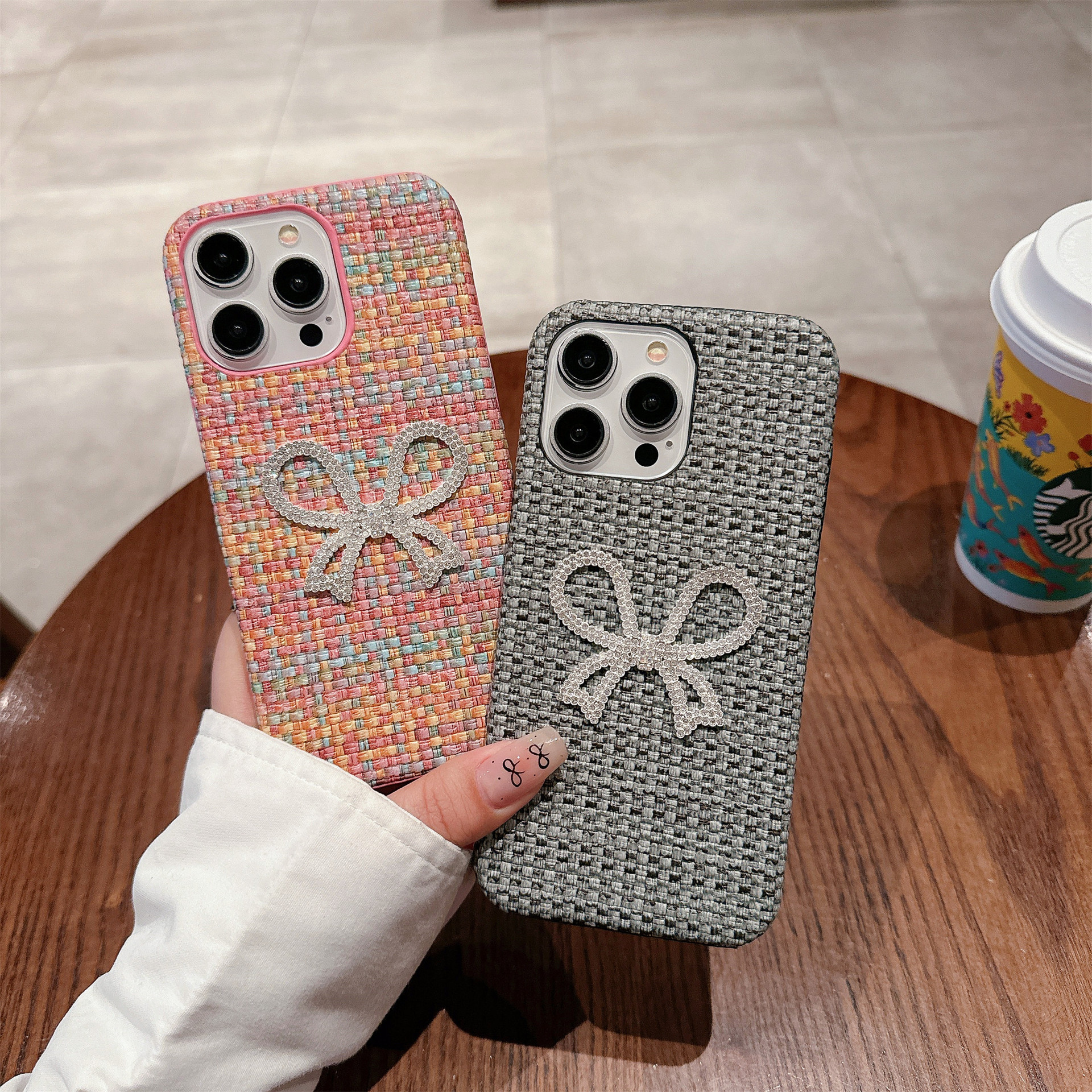 创意编织纹➕镶钻蝴蝶结适用iPhone15手机壳14高级13个性12新款11