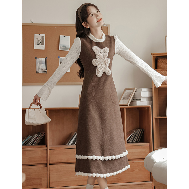Women's Clothing 2026 Autumn and Winter Brown Bear Embroidery Cute Fake Two-Piece Dress Sweet Woolen Dress