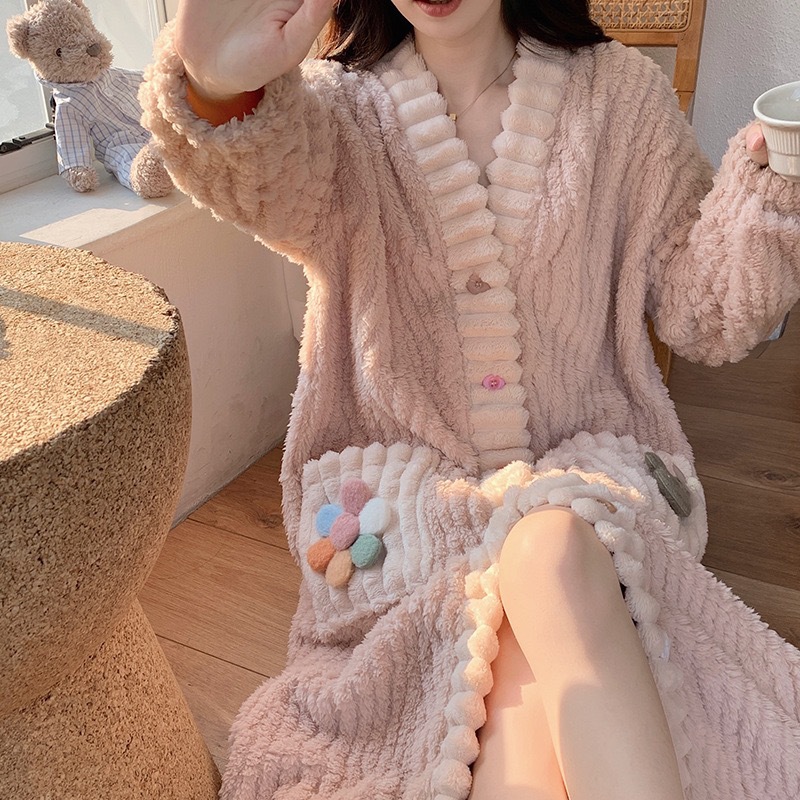 2025 New Style Nightgown for Women, Coral Velvet Thickeneded Warm Nightgown, Mid-Length Sweet Home Clothes That Can Be Worn Outside in Autumn and Winter