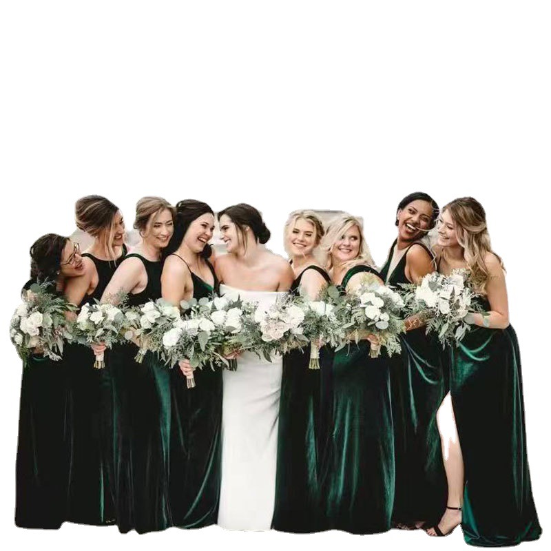 Europa y América Comercio Exterior Amazon AliExpress deseo vestido de novia terciopelo verde largo piso de longitud vestido de dama de honor