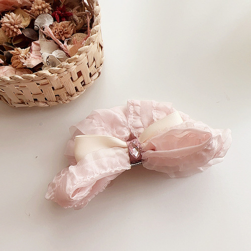 New French retro fungus edge chiffon bow children's pink girly style super fairy pressure clip hair accessories steel hair ring