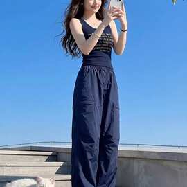 夏季减龄时尚休闲套装女美式印花背心小个子显瘦冰丝速干裤两件套