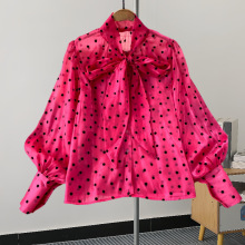 乘法 新款荷叶边立领衬衫女装长袖气质小衫春装桑蚕丝波点