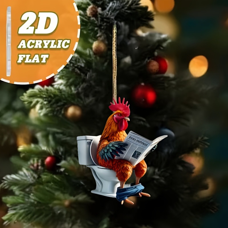 2D平面亚克力圣诞挂饰可爱的公鸡坐在马桶看报纸节日礼物