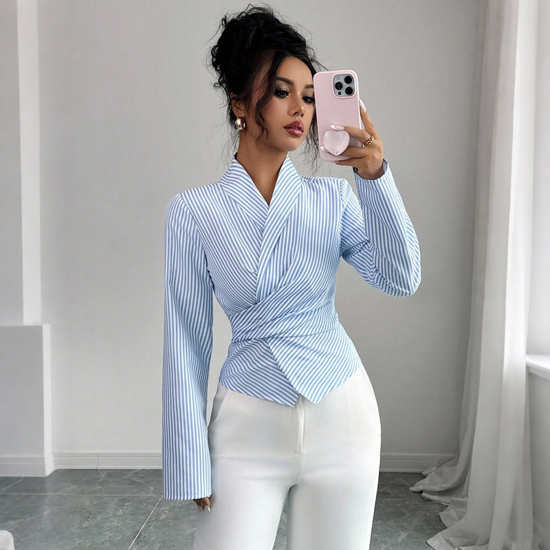 Amazon's New Stripesd Long-Sleeved Shirt European and American Asymmetrical Waist Tie Bow Decorative V Neck Shirt