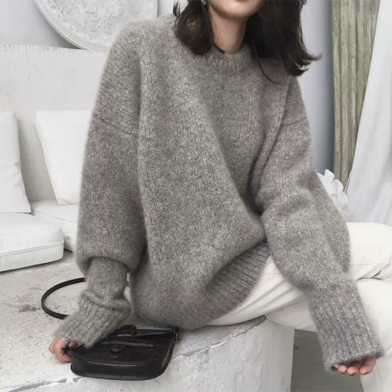 欧美跨境纯色毛衣女2025秋冬新款季复古宽松内搭套头针织外穿上衣