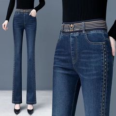 女性用ウエストゴムジーンズ、2025春秋新作ストレッチマイクロフレアパンツ、女性用ハイウエストベルベットフレアパンツ